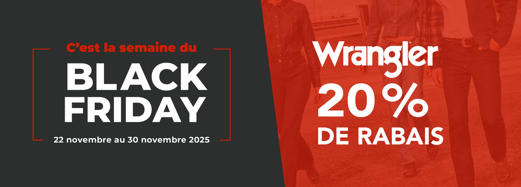 20% de rabais sur notre collection de produit Wrangler. Offre Black Friday 2025.